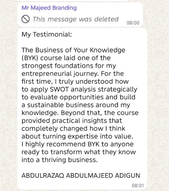 Masterclass testimonial screenshot